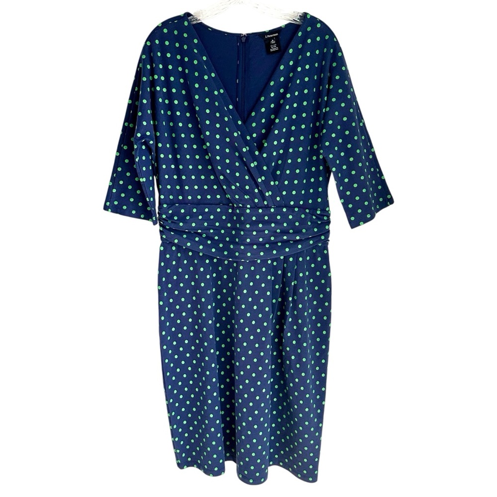 J Peterman Navy Faux Wrap Dress with Green Polka Dots Size 16